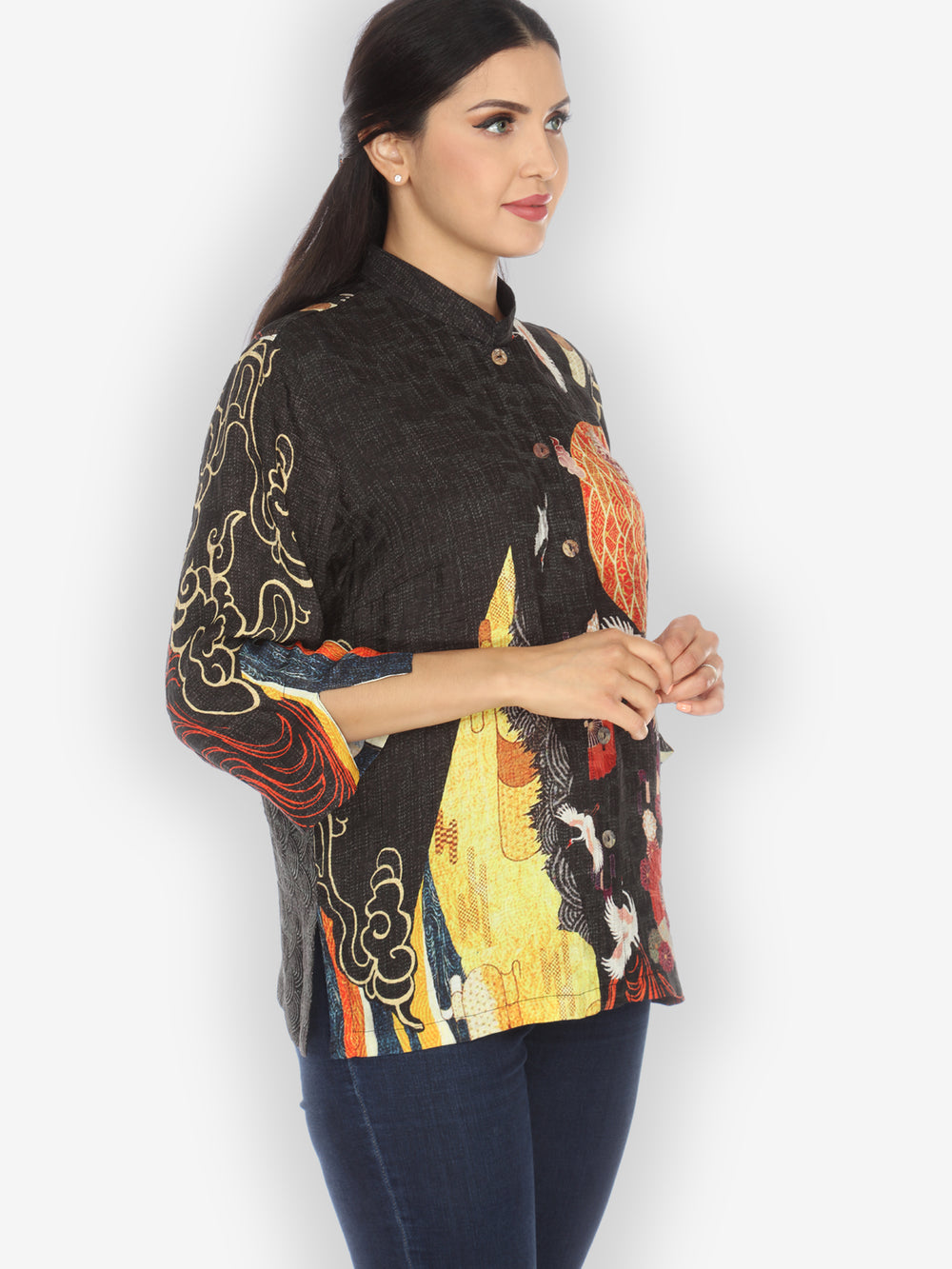Chrysanthemum Crane Citron Style Silk Blouse