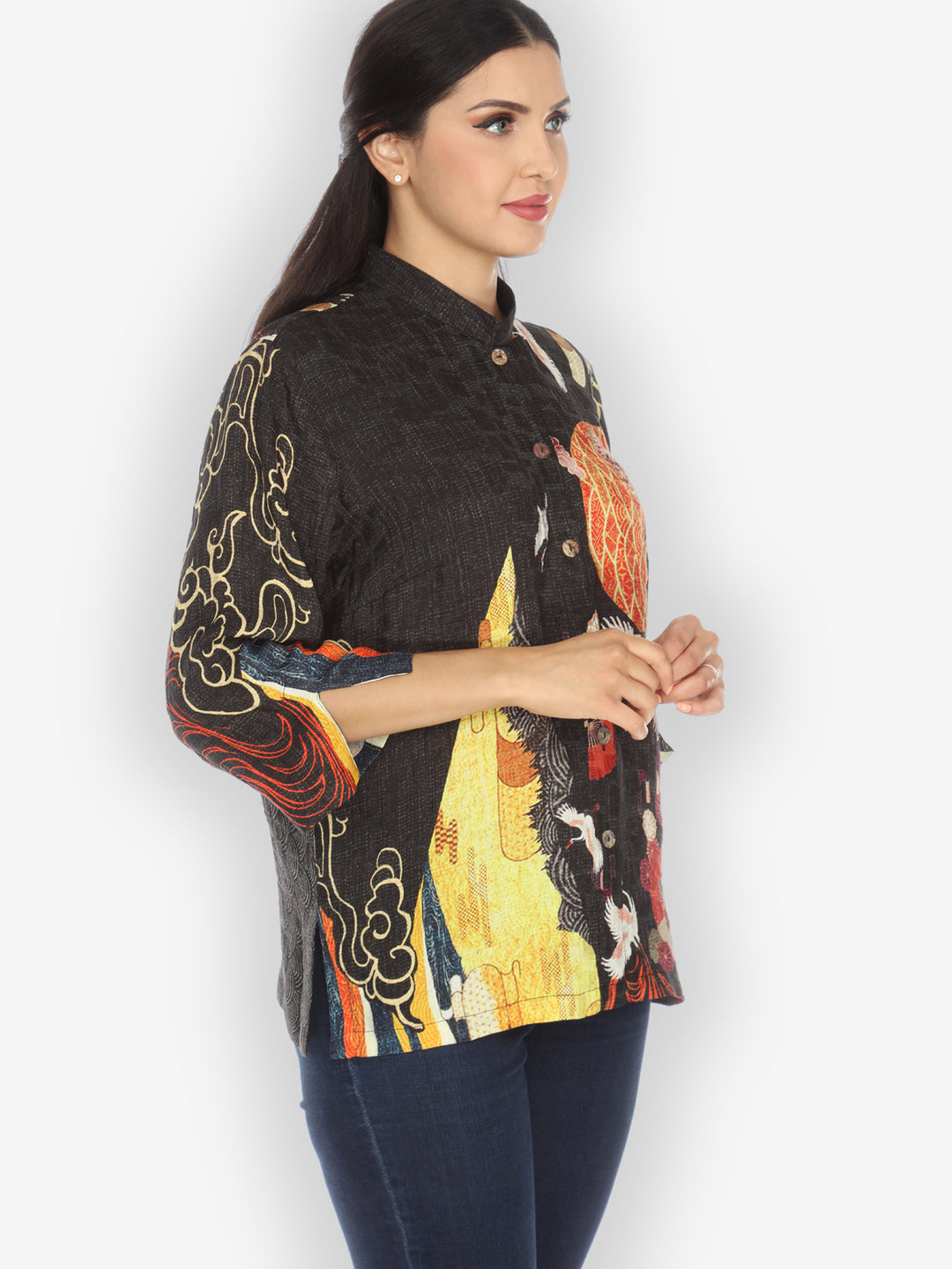 Chrysanthemum Crane Citron Style Silk Blouse