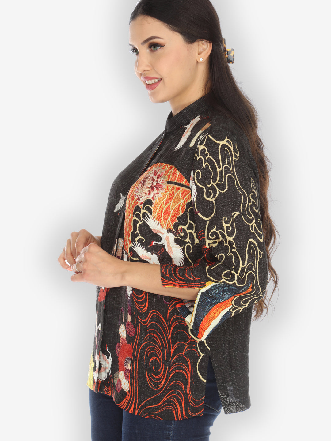 Chrysanthemum Crane Citron Style Silk Blouse