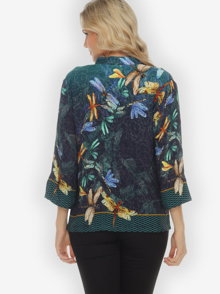 Colorful Dragonfly Citron Style Silk Blouse