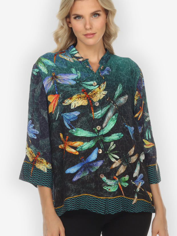Colorful Dragonfly Citron Style Silk Blouse