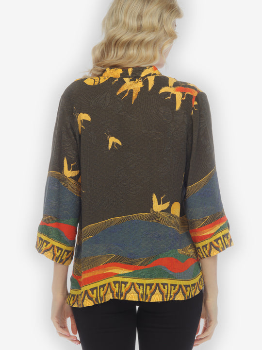 Crane Flying Moon Gold Silk Blouse