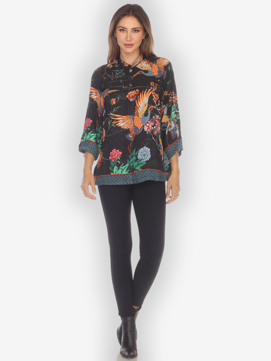 Crane with Landscape Citron Style Silk Blouse