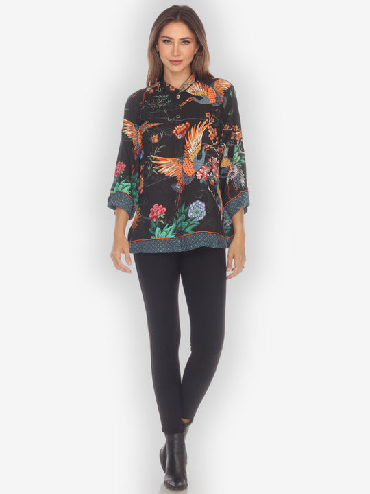 Crane with Landscape Citron Style Silk Blouse