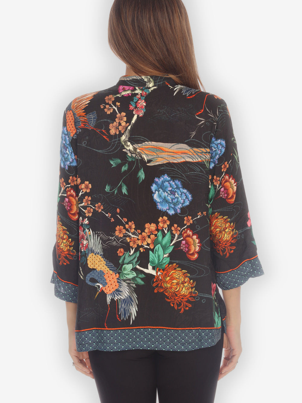 Crane with Landscape Citron Style Silk Blouse