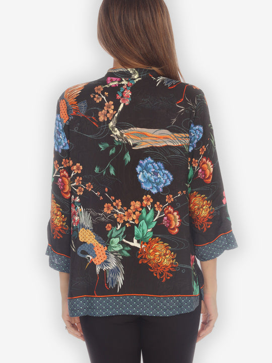 Crane with Landscape Citron Style Silk Blouse
