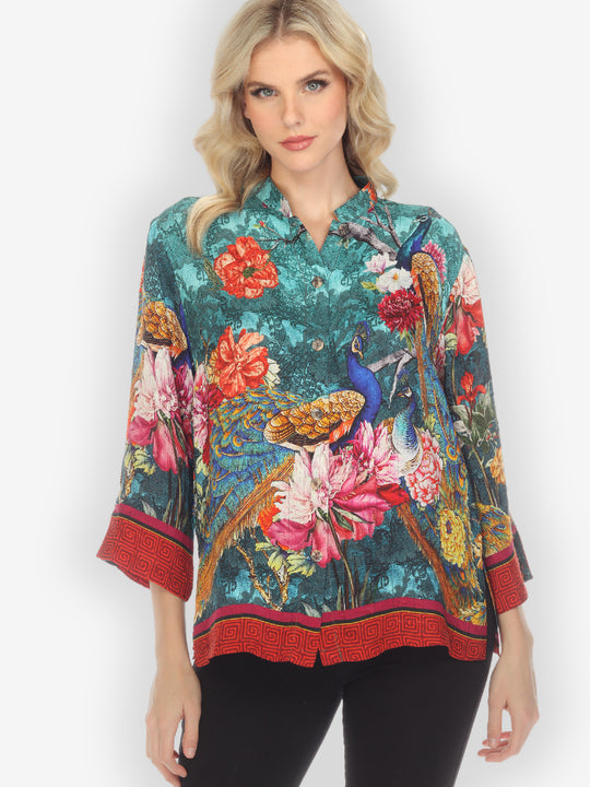 Flowers and Peacock Feathers Silk Blouse