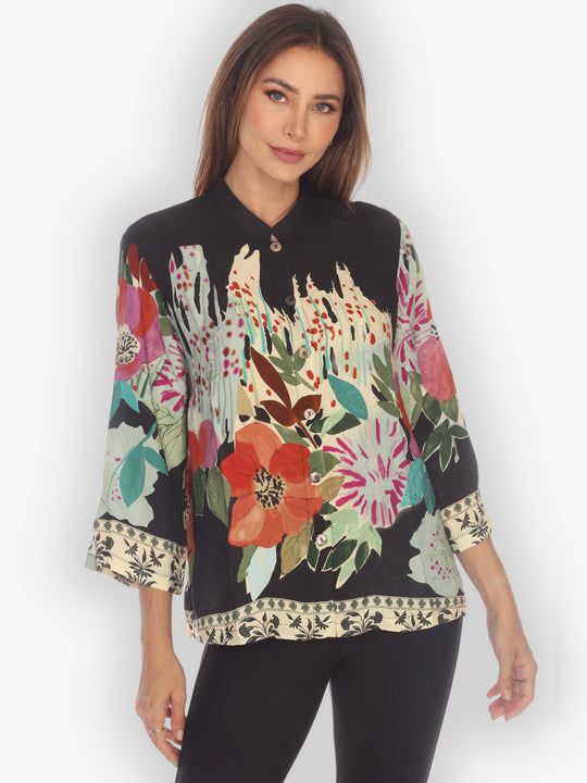 Hand Painted Flower Silk Blouse