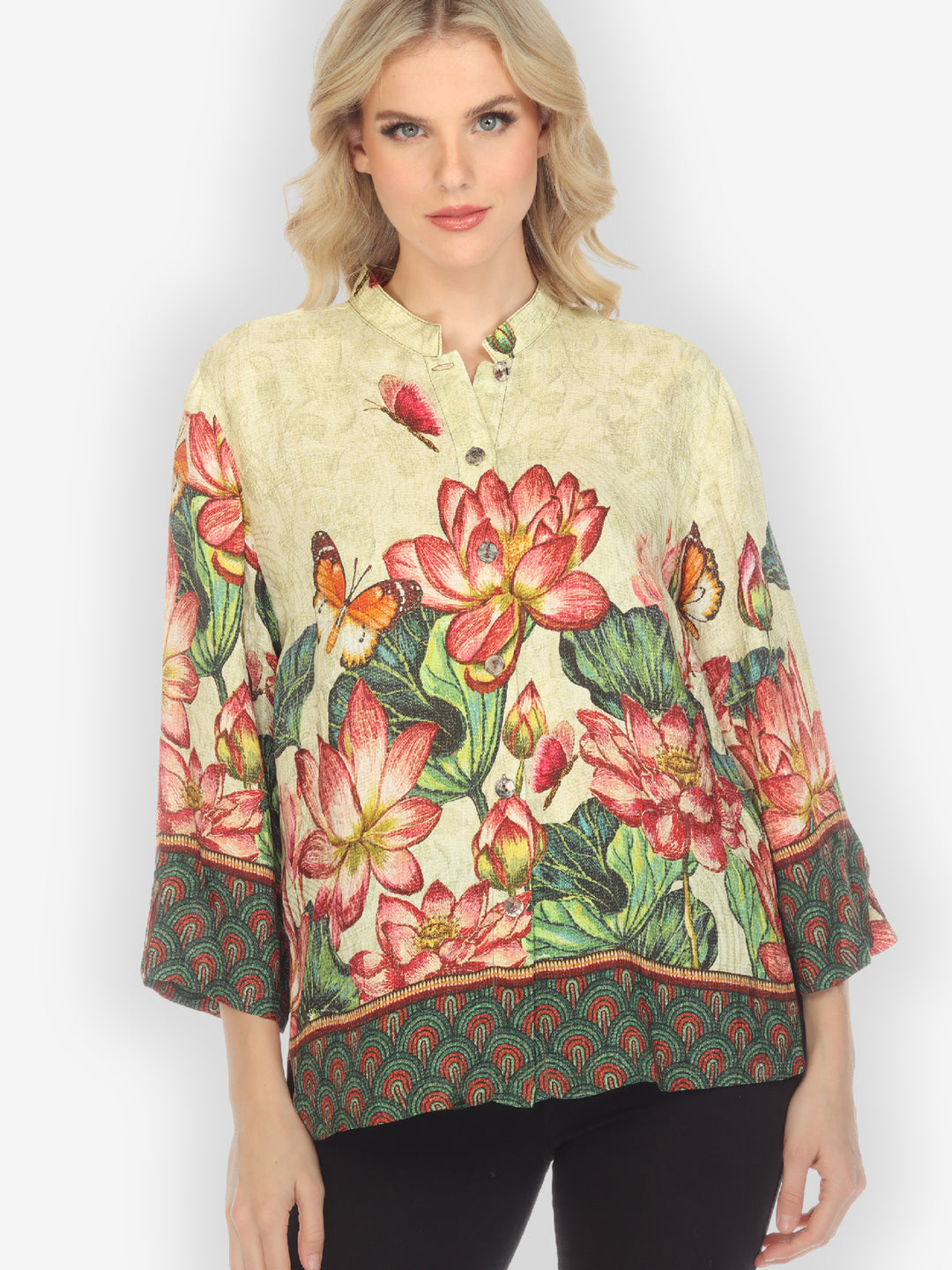 Lotus Embroidery Print Silk Blouse