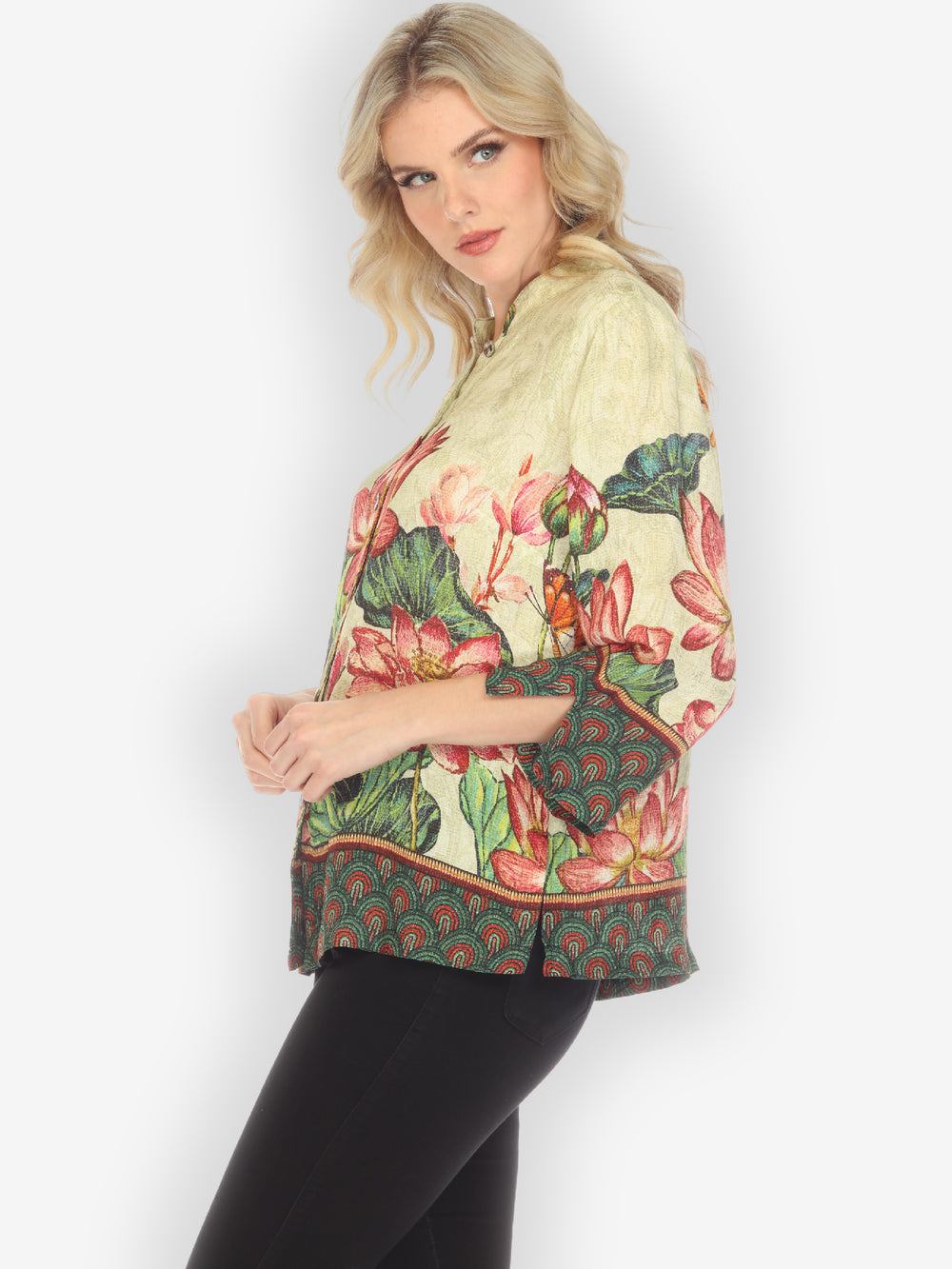 Lotus Embroidery Print Silk Blouse