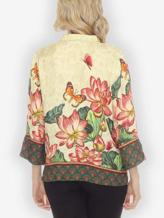 Lotus Embroidery Print Silk Blouse