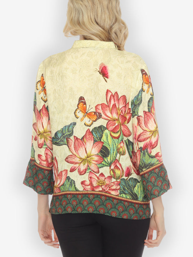 Lotus Embroidery Print Silk Blend Blouse