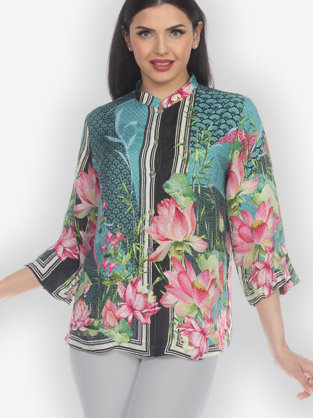 Lotus Flower Border Silk Blouse