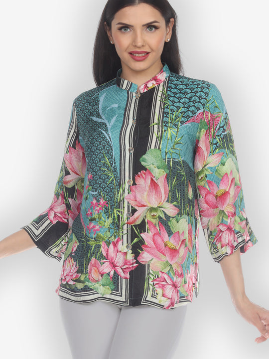 Lotus Flower Border Silk Blouse