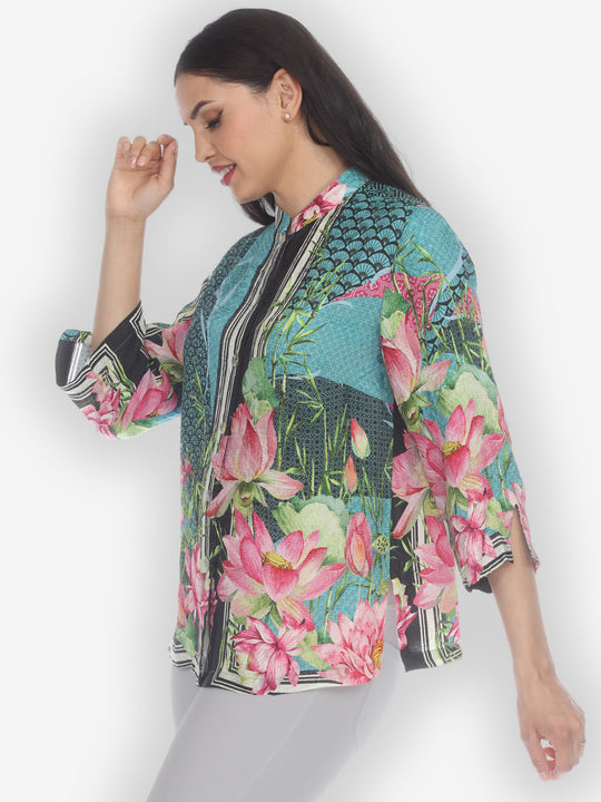Lotus Flower Border Silk Blouse