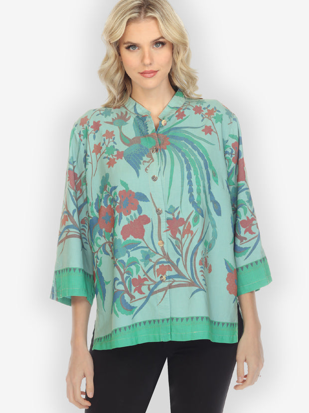 Peacock with Flower in Teal Blouse