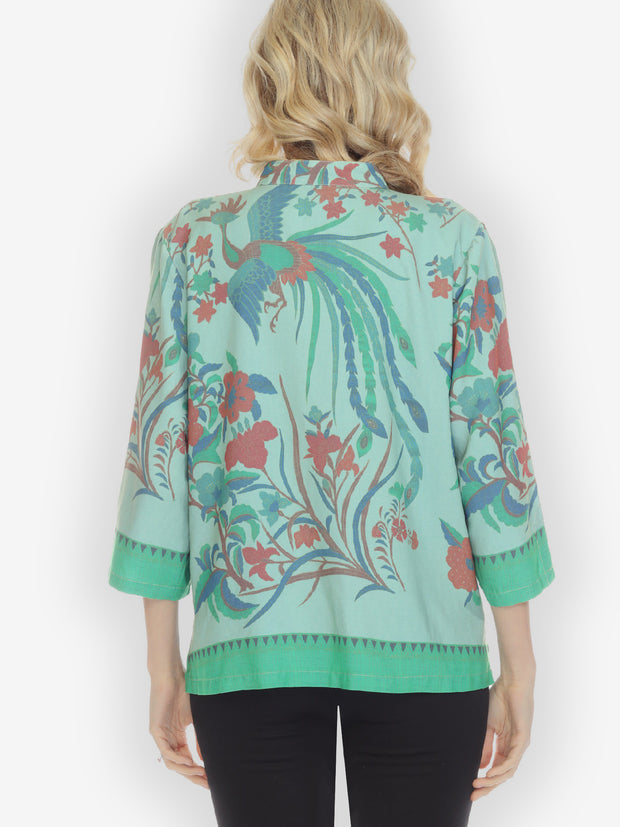 Peacock with Flower in Teal Blouse