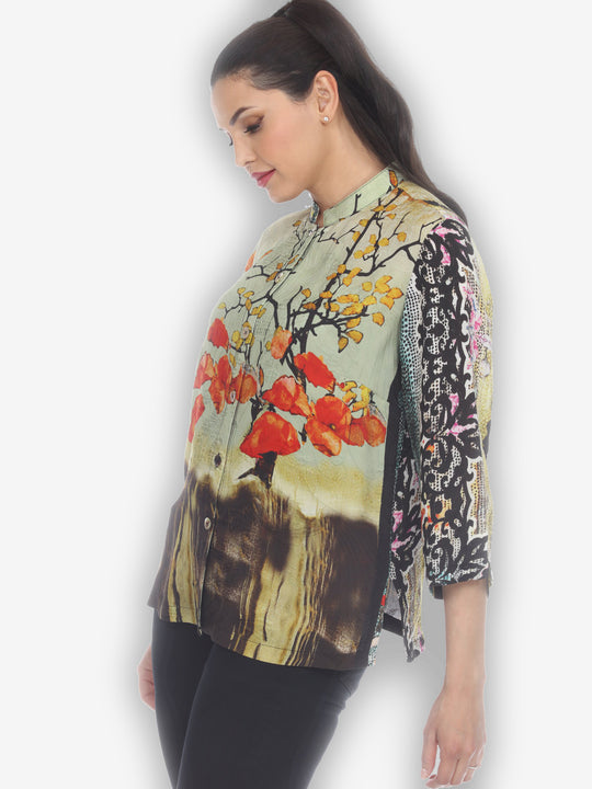 Sky Border Nature Classic Style Silk Blouse