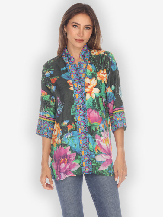 Botanical Butterfly Black Notch Collar Shirt