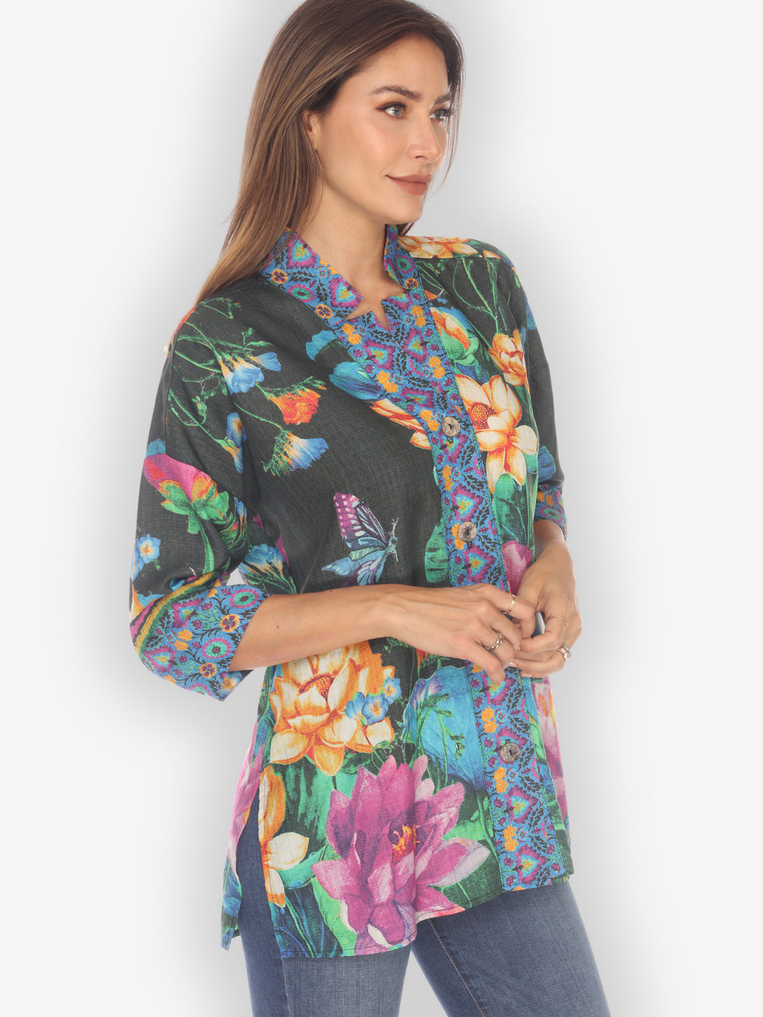 Botanical Butterfly Black Notch Collar Shirt