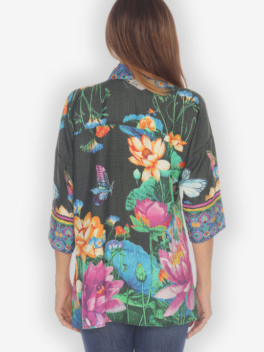Botanical Butterfly Black Notch Collar Shirt