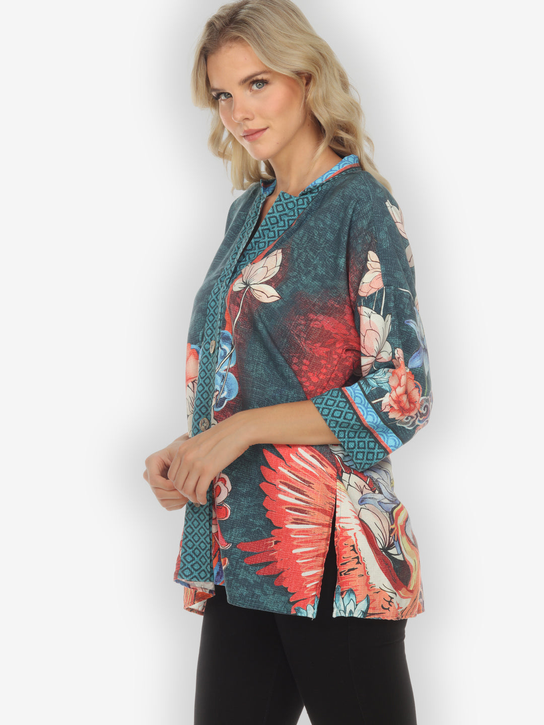 Crane and Flower Notch Collar Shirt