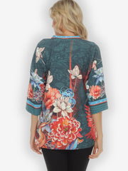 Crane and Flower Notch Collar Shirt