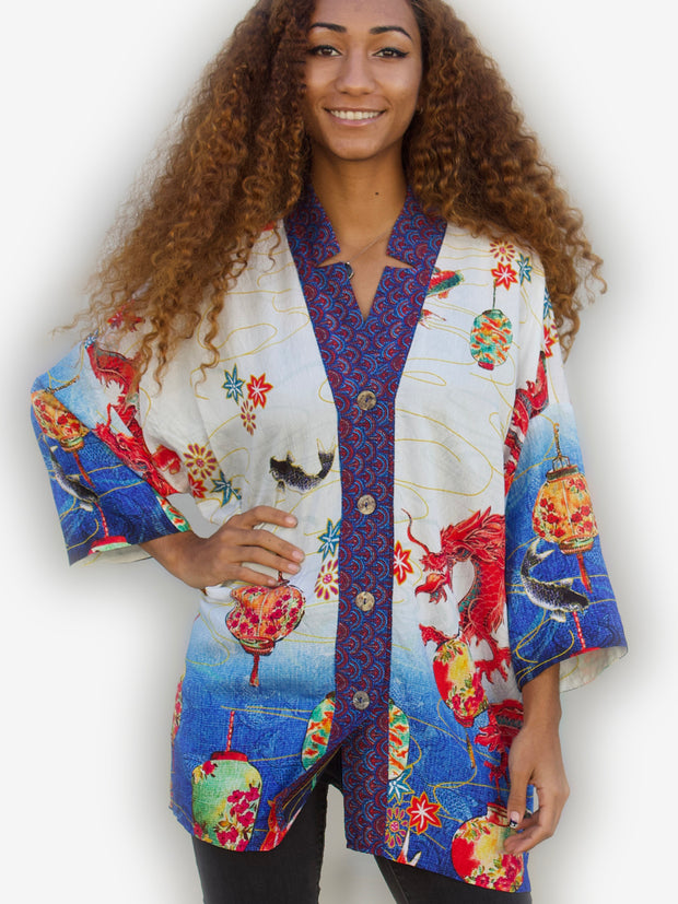 Fish and Dragon Notch Collar Shirt