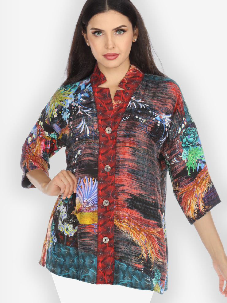 Peacock Flower Silk Blend Notch Collar Shirt
