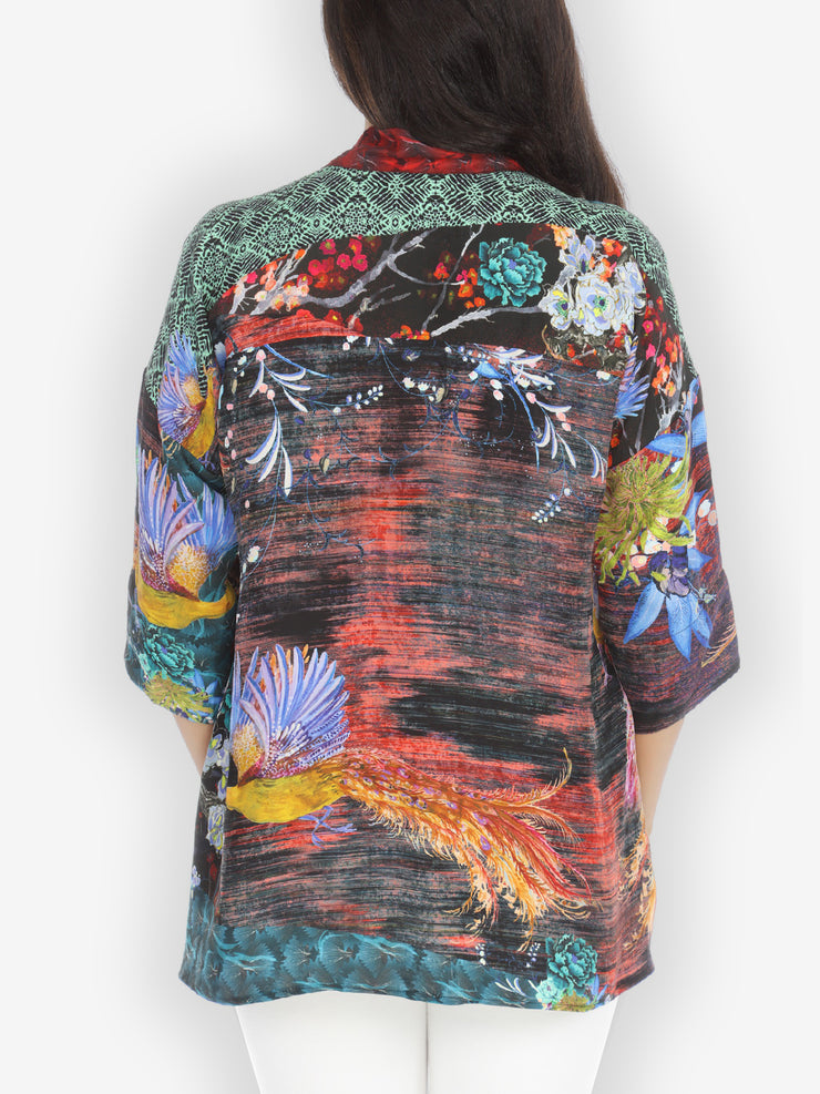 Peacock Flower Silk Blend Notch Collar Shirt