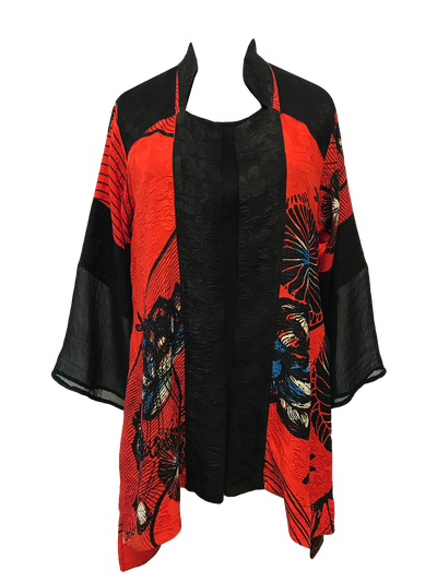 Mono Lotus Print Open Front Silk Blend Jacket