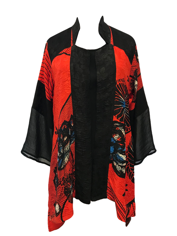 Mono Lotus Print Open Front Silk Blend Jacket