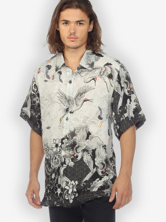 Black White Crane Wave Men’s Silk Shirt