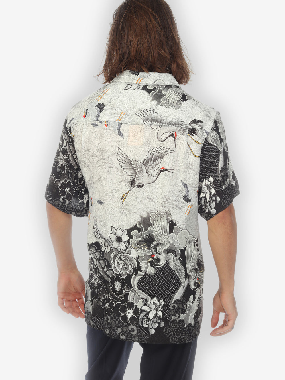 Black White Crane Wave Men’s Silk Shirt