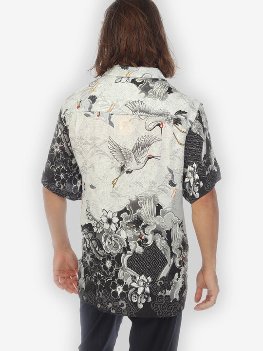 Black White Crane Wave Men’s Silk Shirt