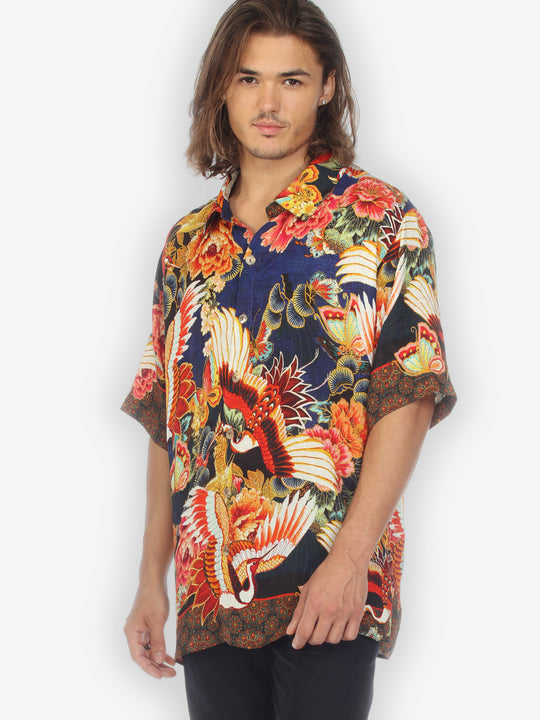 Crane and Butterfly Men’s Silk Shirt