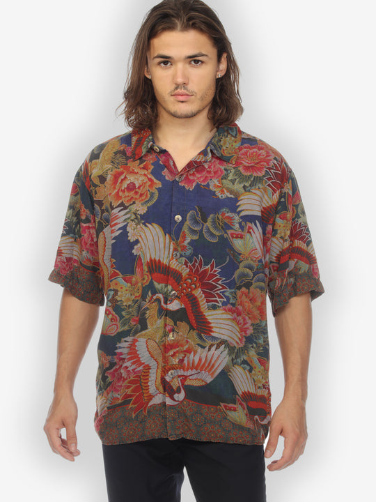 Crane and Butterfly Dyed Men’s Silk Blend Shirt