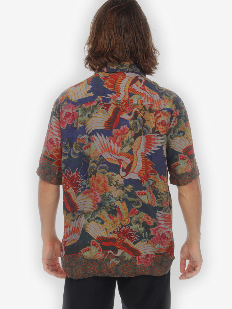 Crane and Butterfly Dyed Men’s Silk Blend Shirt