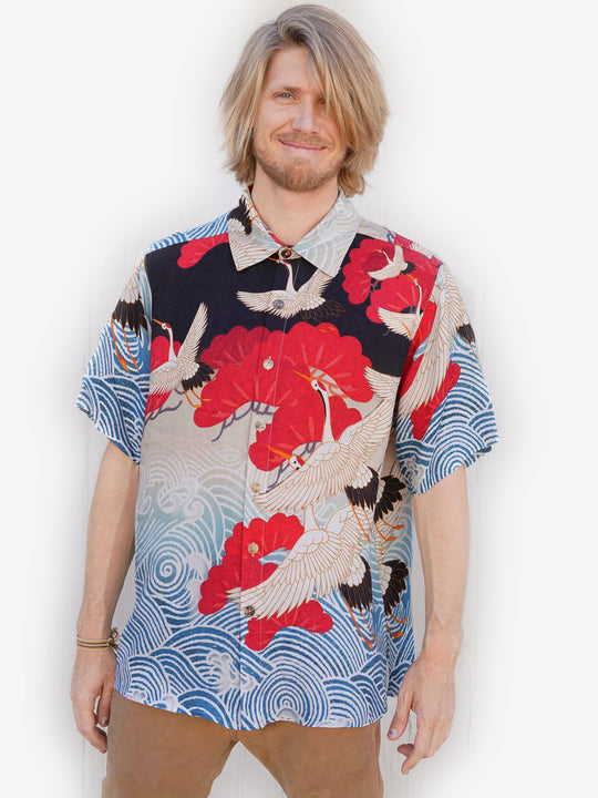 Cranes Above Water Men’s Silk Shirt
