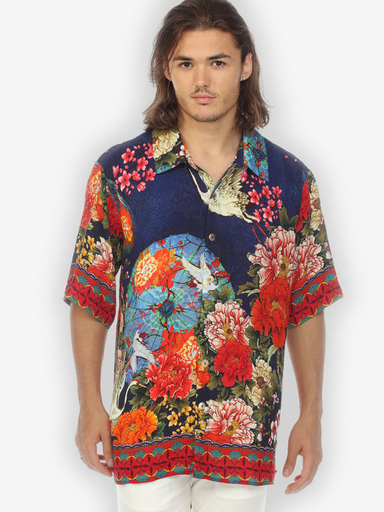 Crane Paradise Fan Blue Men’s Silk Shirt