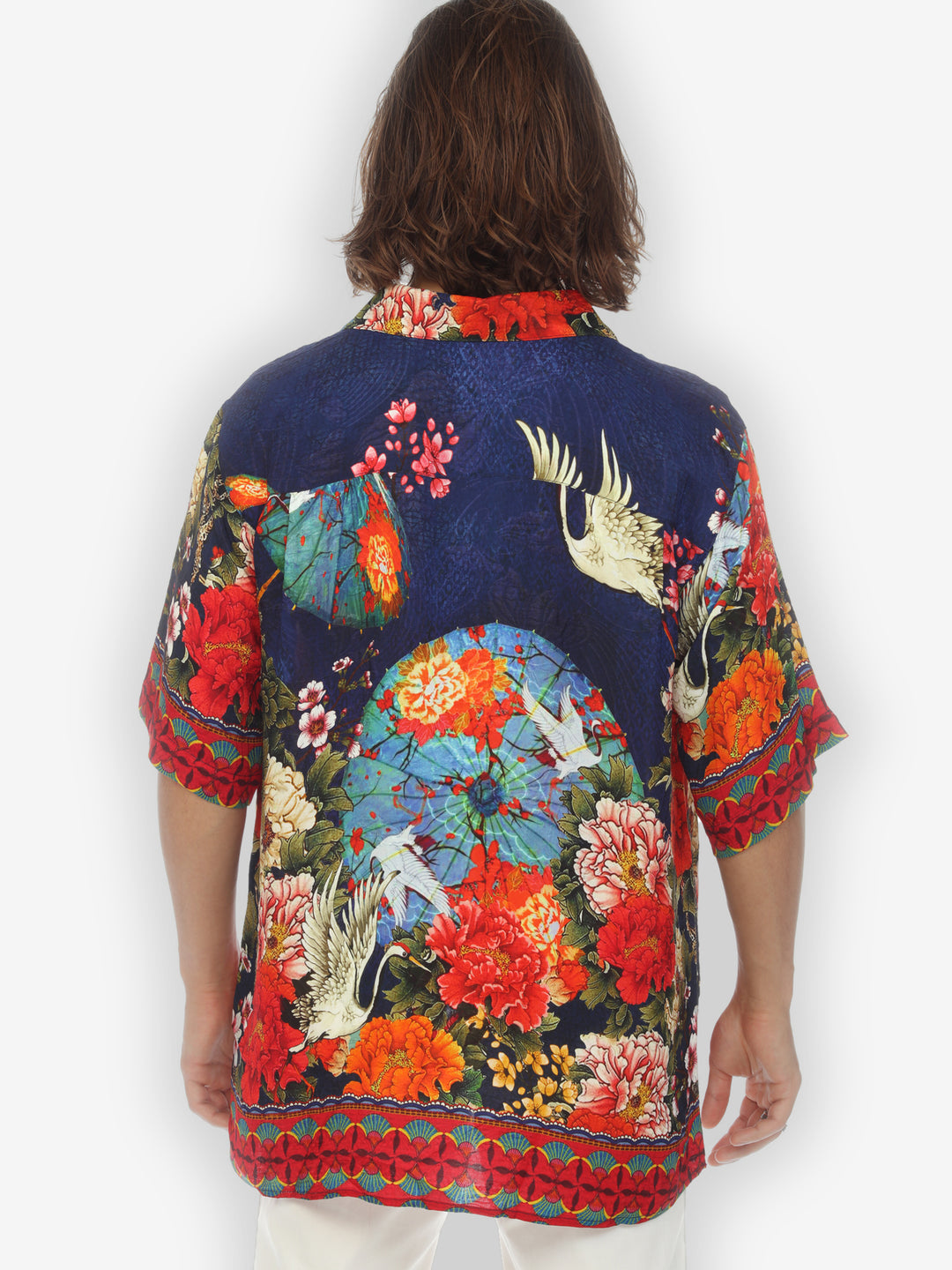 Crane Paradise Fan Blue Men’s Silk Shirt