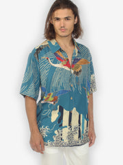 Cranes Waves Blue Silk Blend Men’s Shirt
