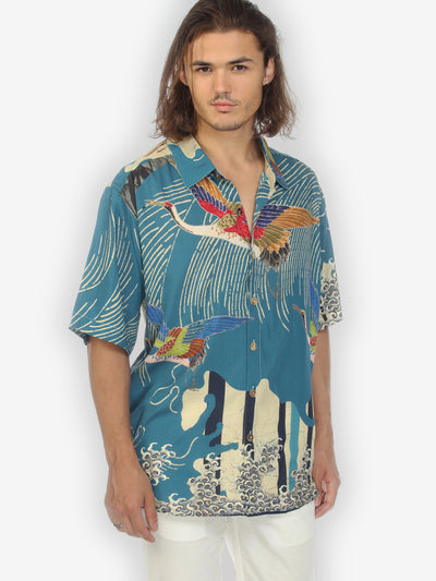 Cranes Waves Blue Silk Blend Men’s Shirt