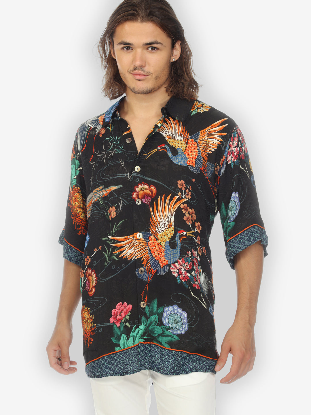 Crane With Landscape Men’s Silk Shirt