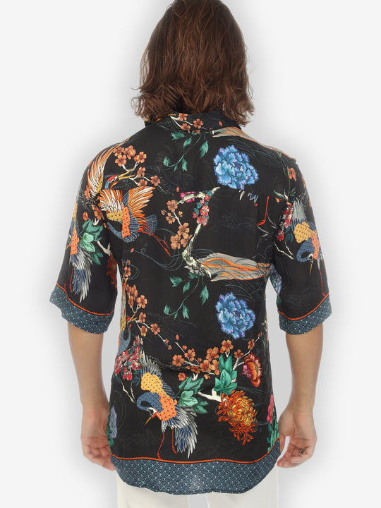 Crane With Landscape Men’s Silk Shirt
