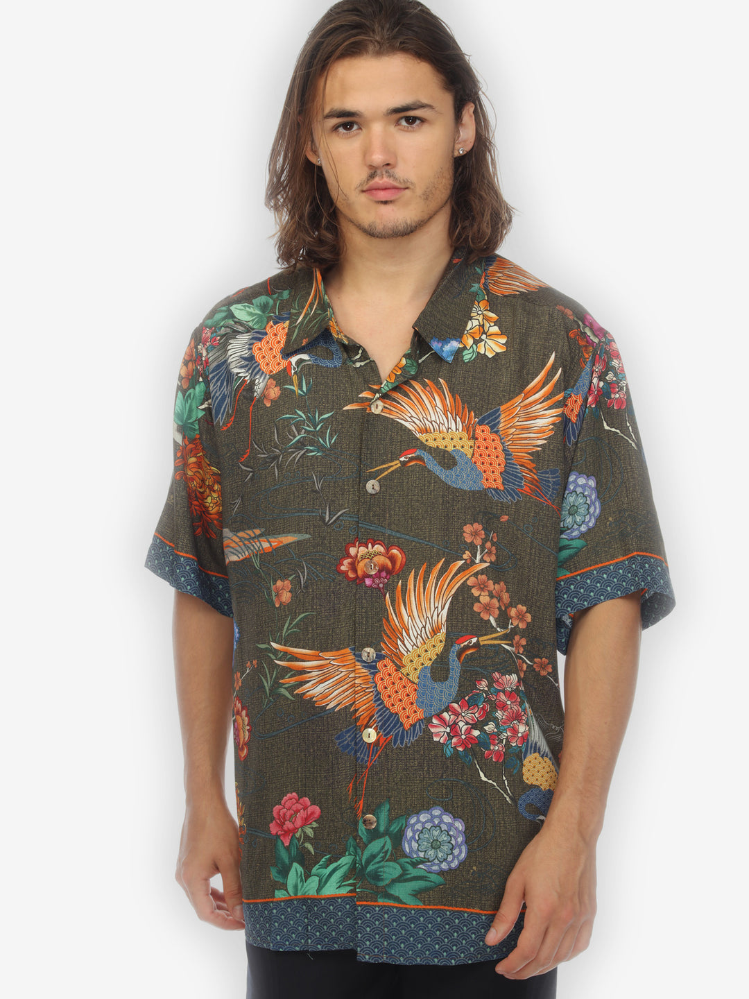 Crane with Landscape Olive Men’s Silk Blend Shirt