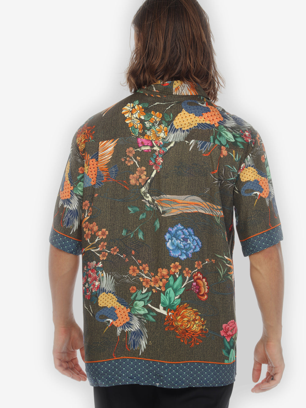 Crane with Landscape Olive Men’s Silk Blend Shirt