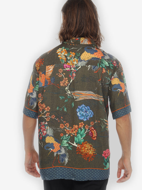 Crane with Landscape Olive Men’s Silk Blend Shirt