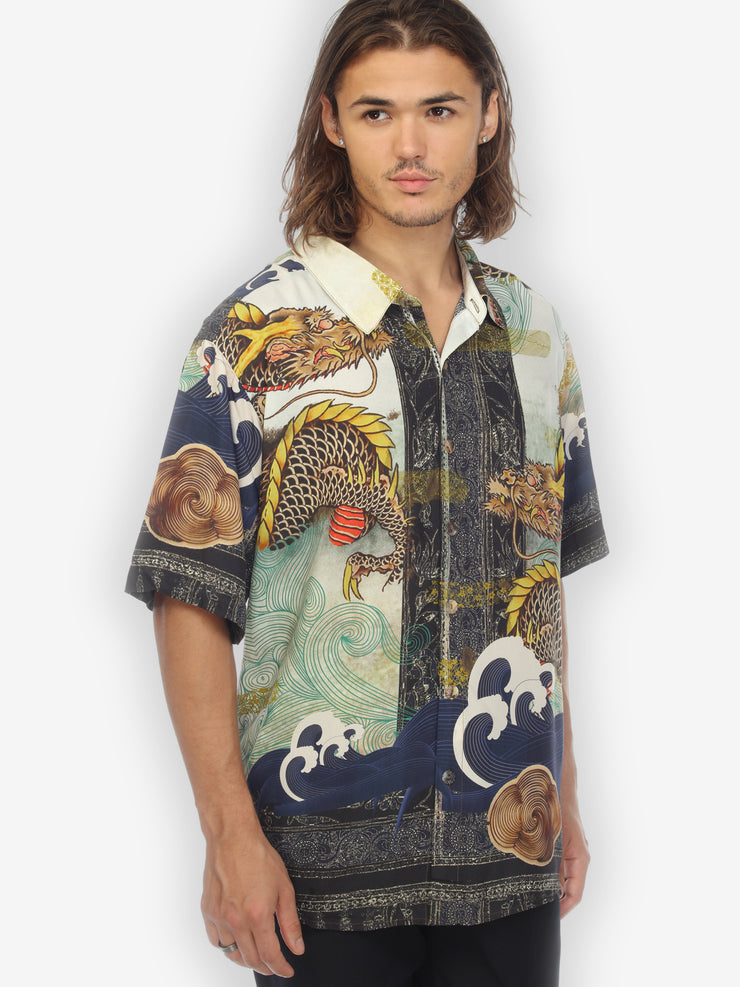 Dragon Waves Border Silk Men’s Shirt