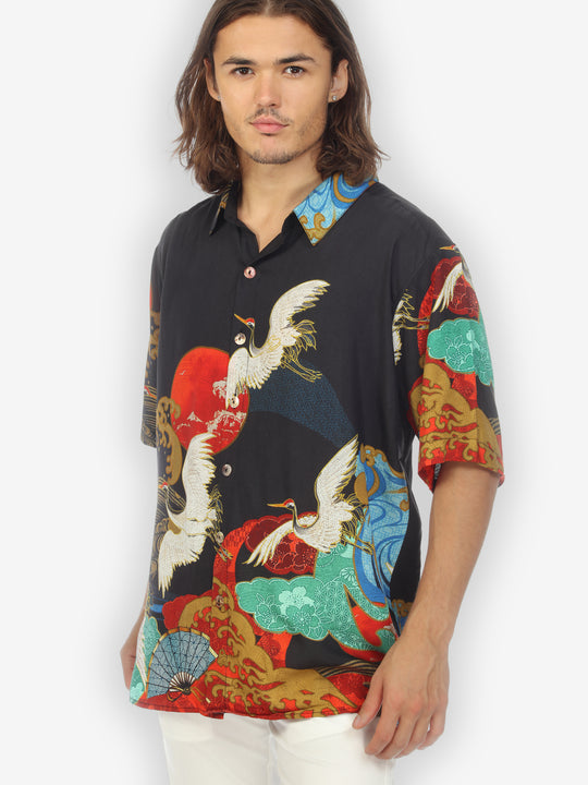 Sun Wave Crane Men’s Silk Blend Shirt
